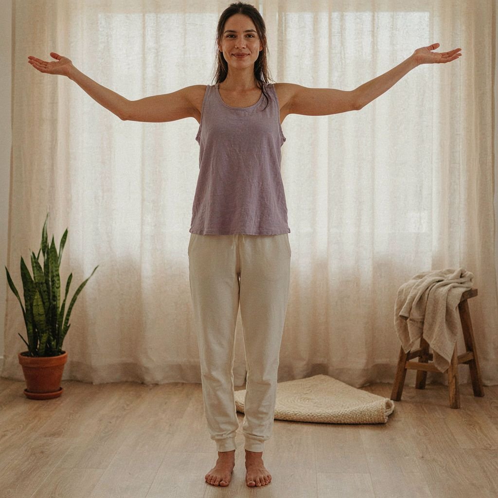 Woman standing confidently with both arms outstretched