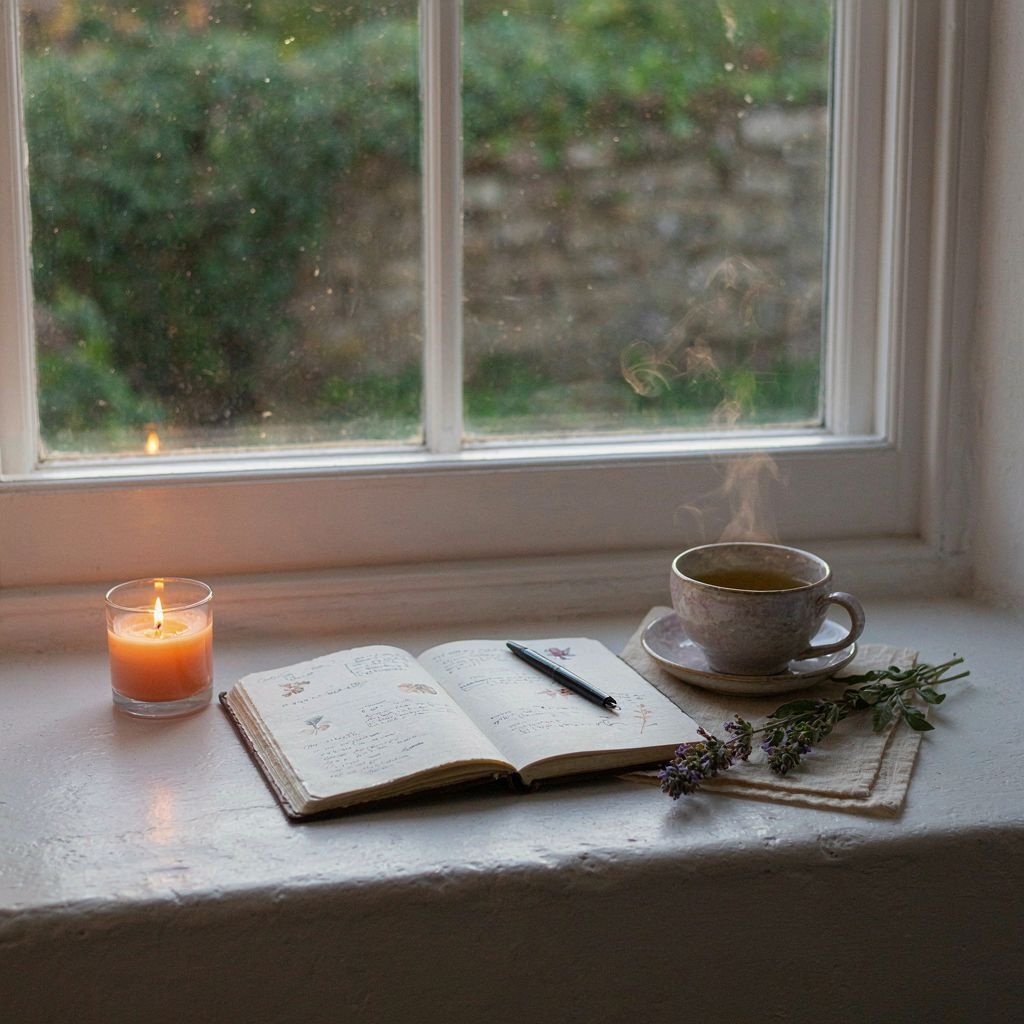 Candle, open journal, and ceramic teacup arranged for an evening reset