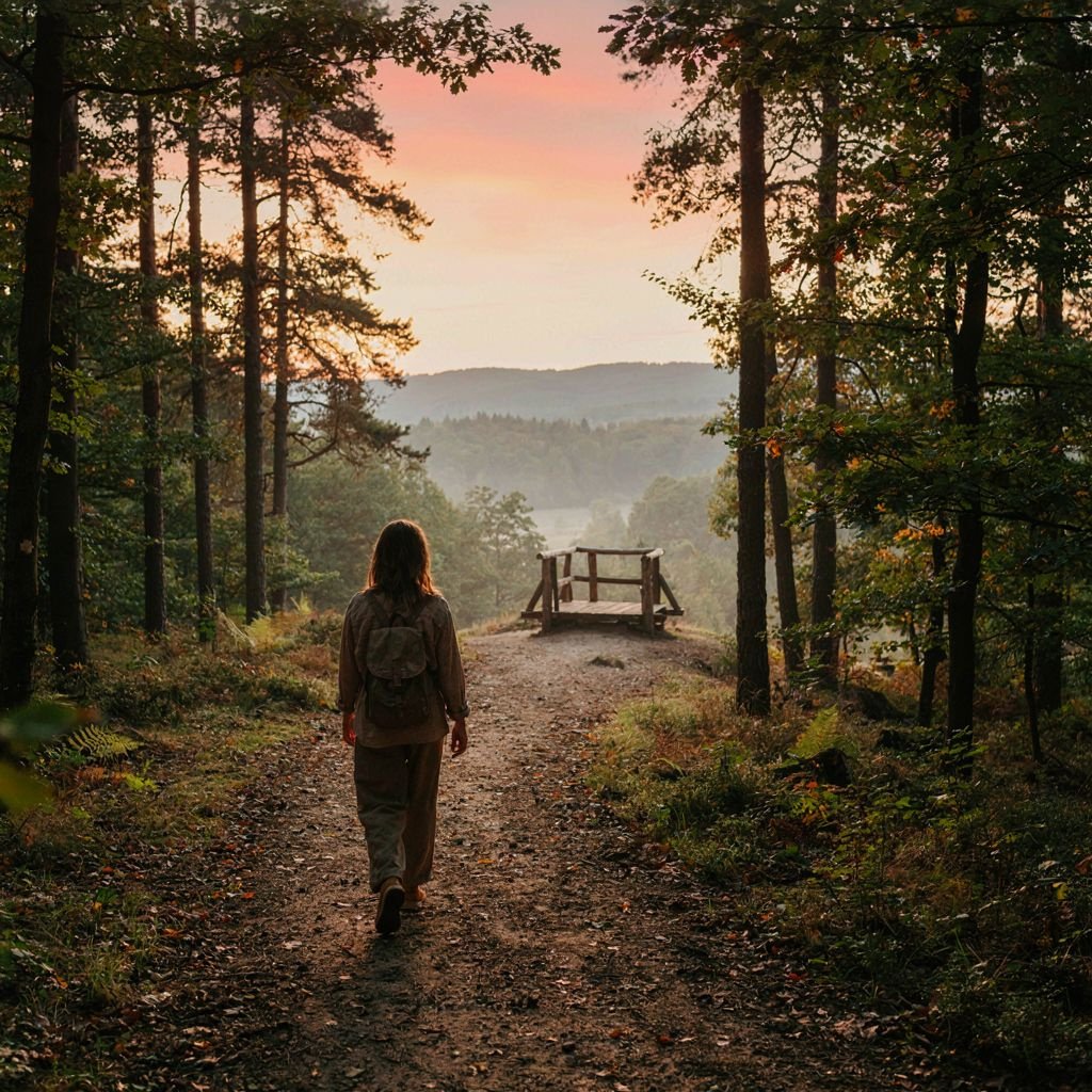 Woman walking toward a peaceful forest overlook at golden hour