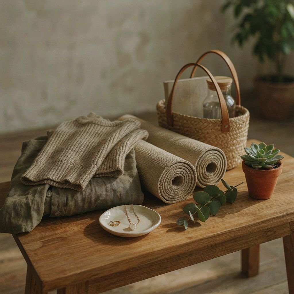 Curated wellness clothing and accessories arranged on an oak bench