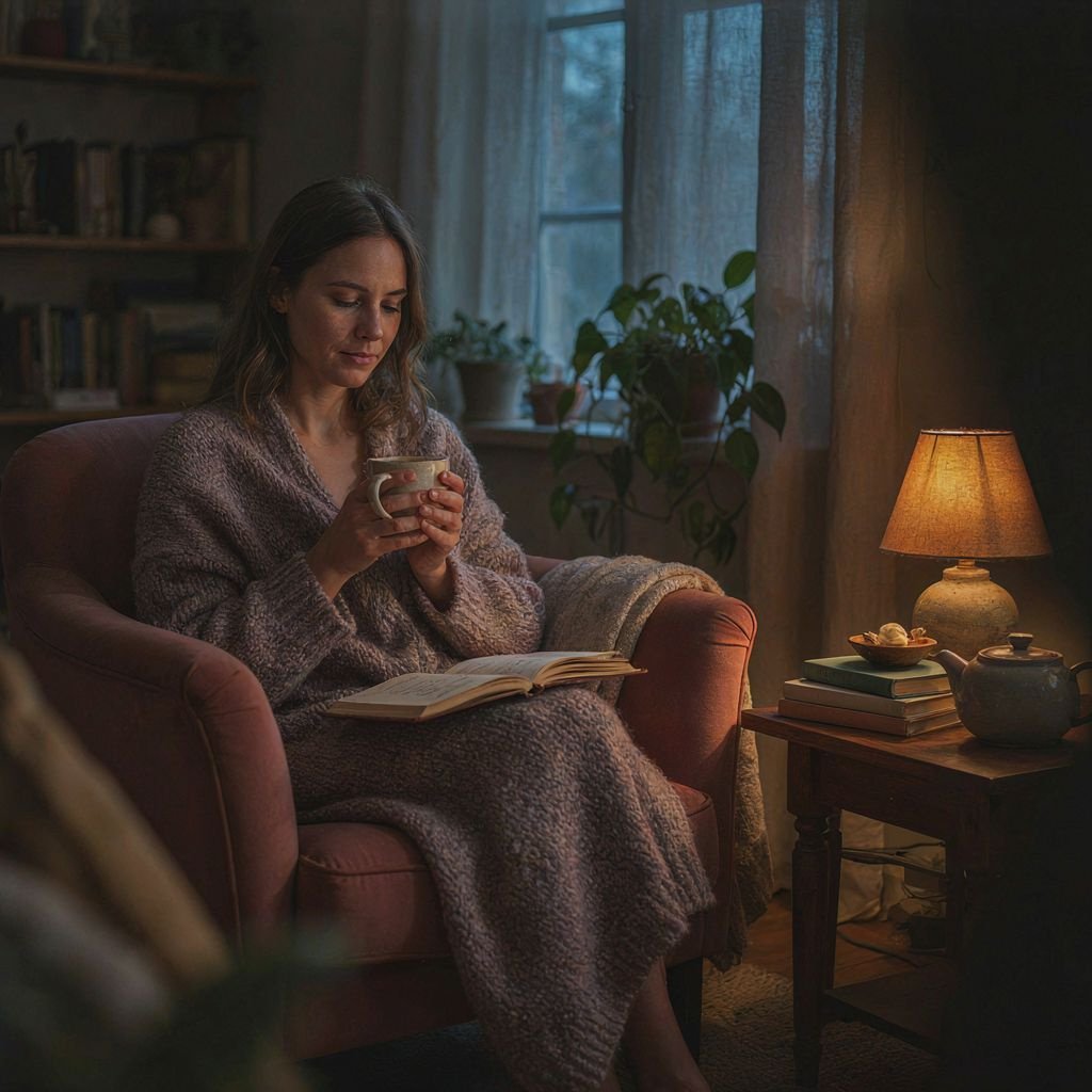 Woman relaxing with a warm drink and an open book